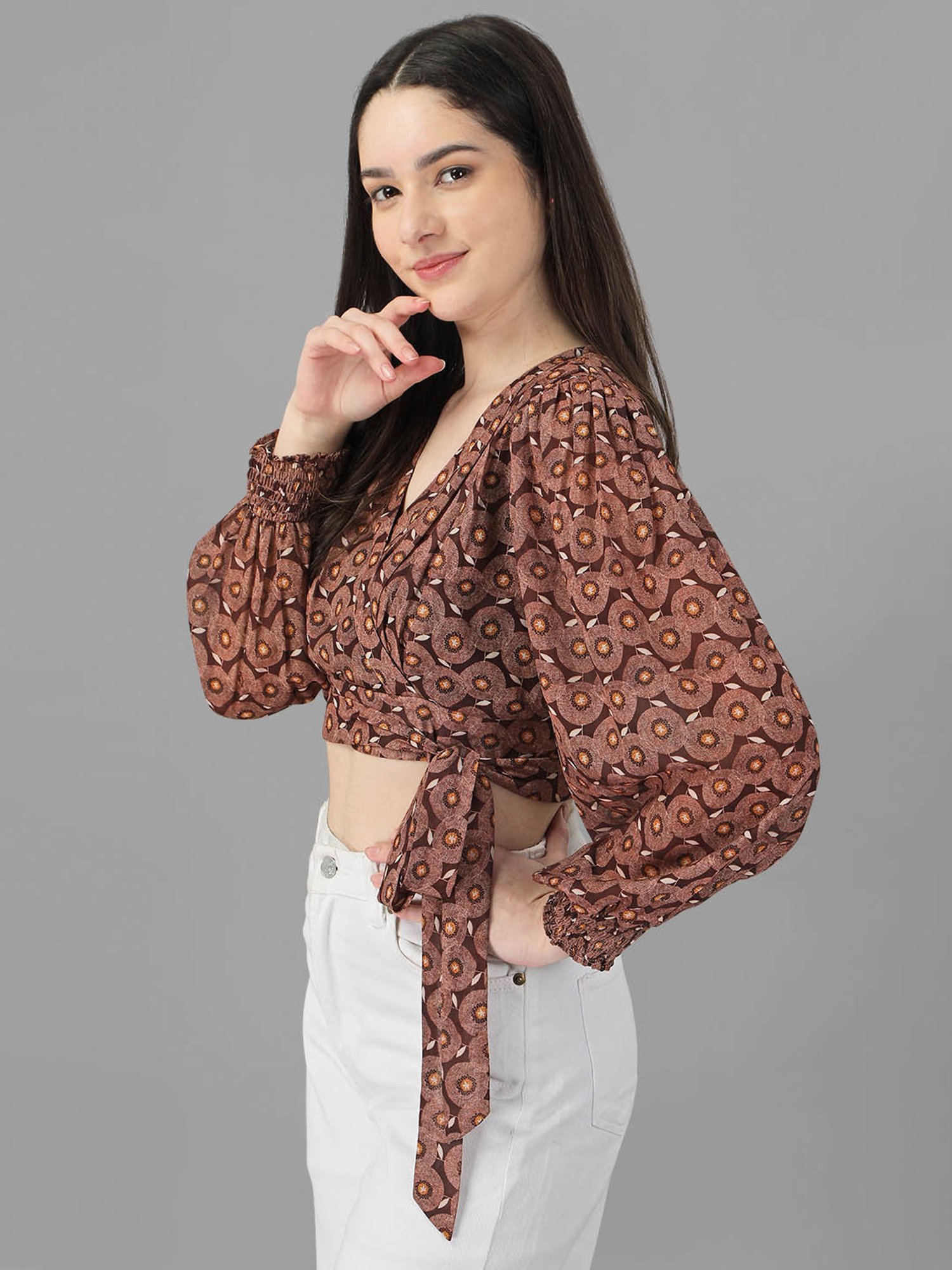 MASAKALI.CO Coffee Brown Floral Print Crop Top