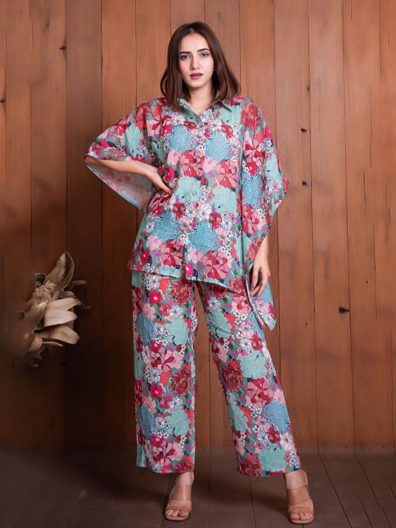 Eeshva India Multicolored Floral Illusion Linen Kaftan Style Shirt with Pant