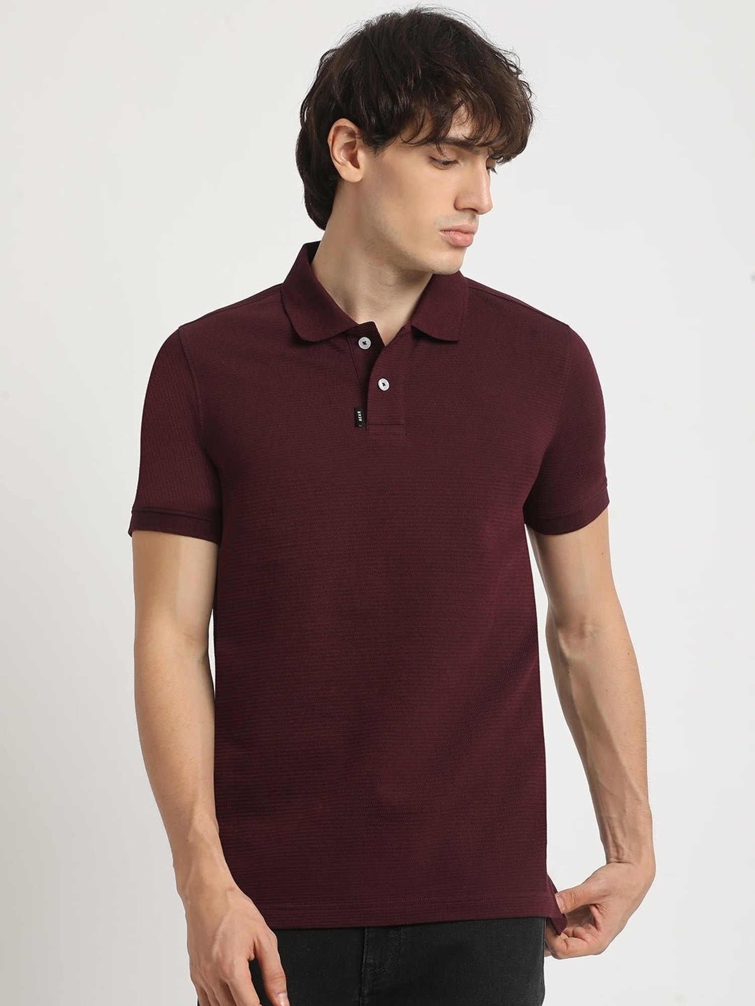 The Bear House Maroon Cotton Regular Fit Self Pattern Polo T-Shirt