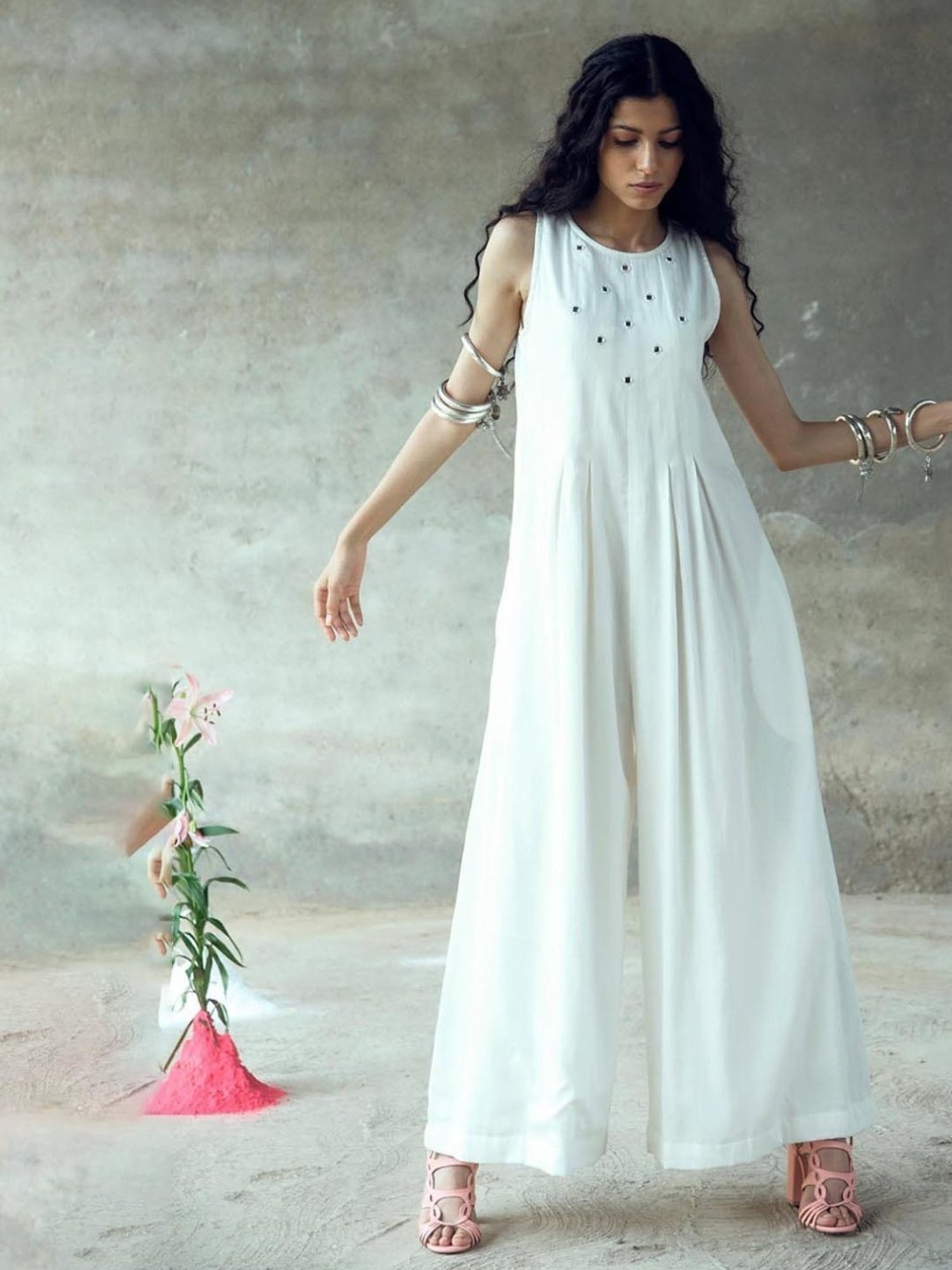 Gulaal White Urvashi Nanda Mirror Work Sleeveless Jumpsuit