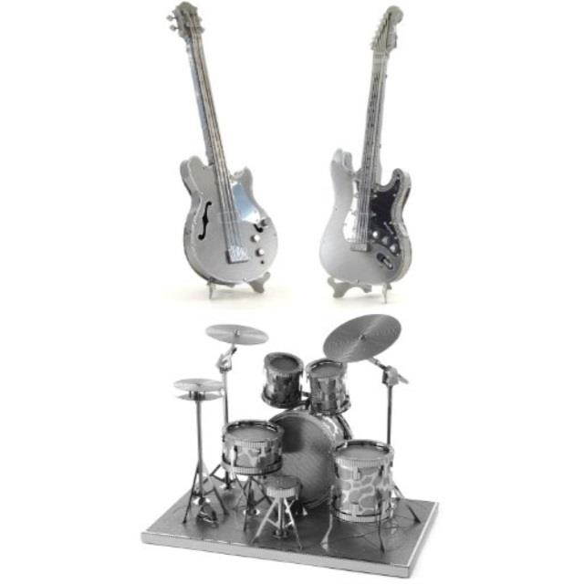 metal earth 3d laser cut steel models  drum set, base guitar and lead electric guitar = set of 3