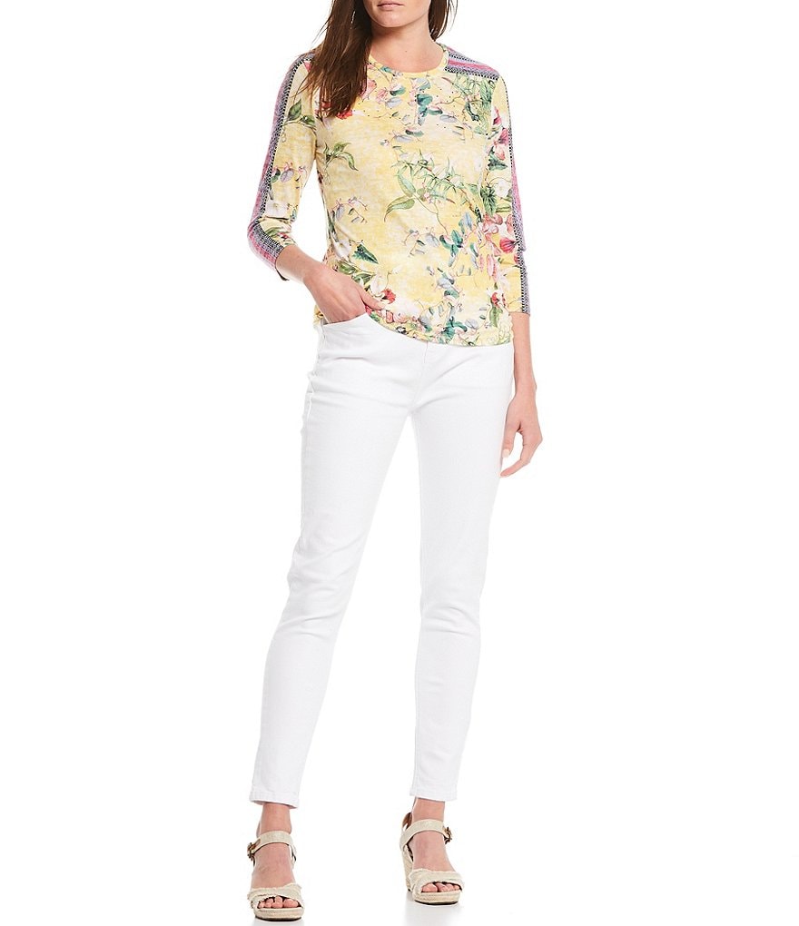 Reba Crystal Embellished Floral Border Print 3/4 Sleeve Burnout Jersey Tee