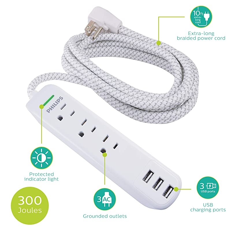 Accessories 3 Outlet 3 USB Surge Protector Extension Cord, 10 Ft Extra-Long Power Cord, Braided Extension Cord, Power Strip, Flat Plug, 300 Joules, ETL Listed, White, SPC6334WE/37