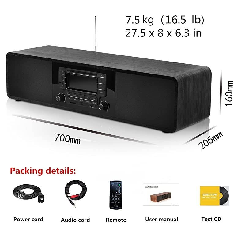 CD Player for Home with Bluetooth Wooden Stereo System Desktop Speakers FM Radio USB SD AUX Remote Control, 28-Inch Length 20-Pounds Weight