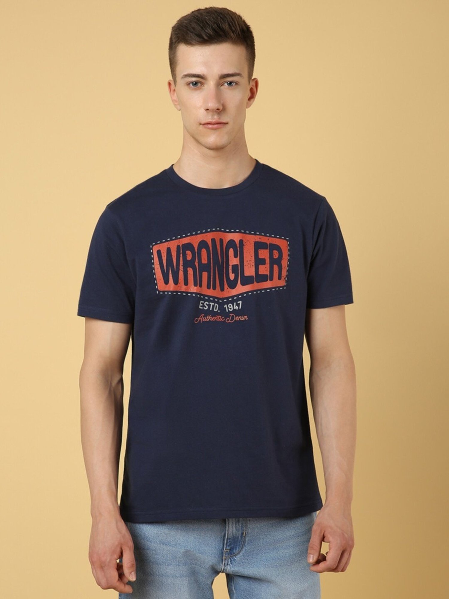 Wrangler Blue Cotton Regular Fit Printed T-Shirt
