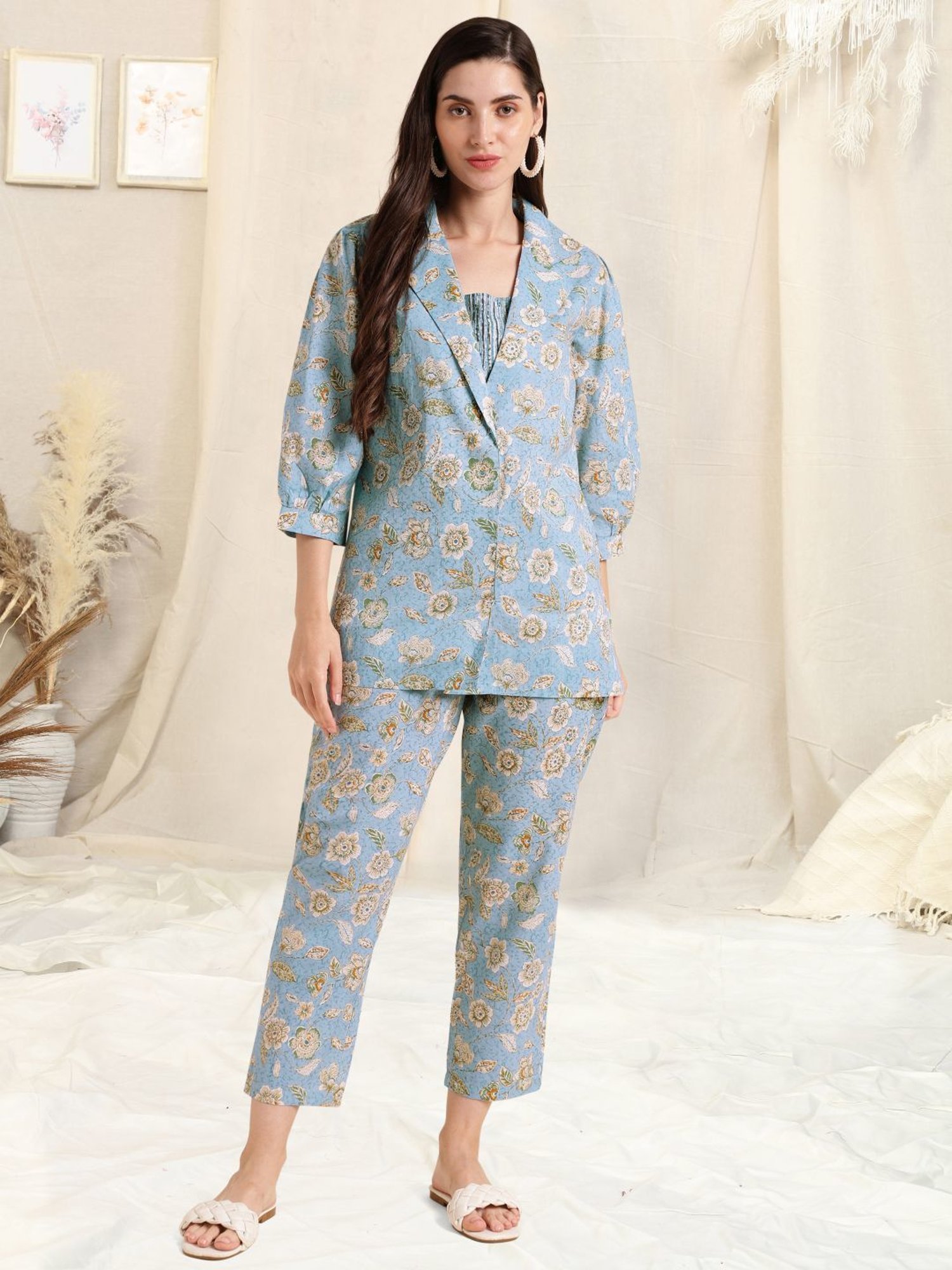 MIRCHI FASHION Sky Blue Cotton Printed Top Pant Set With Jacket