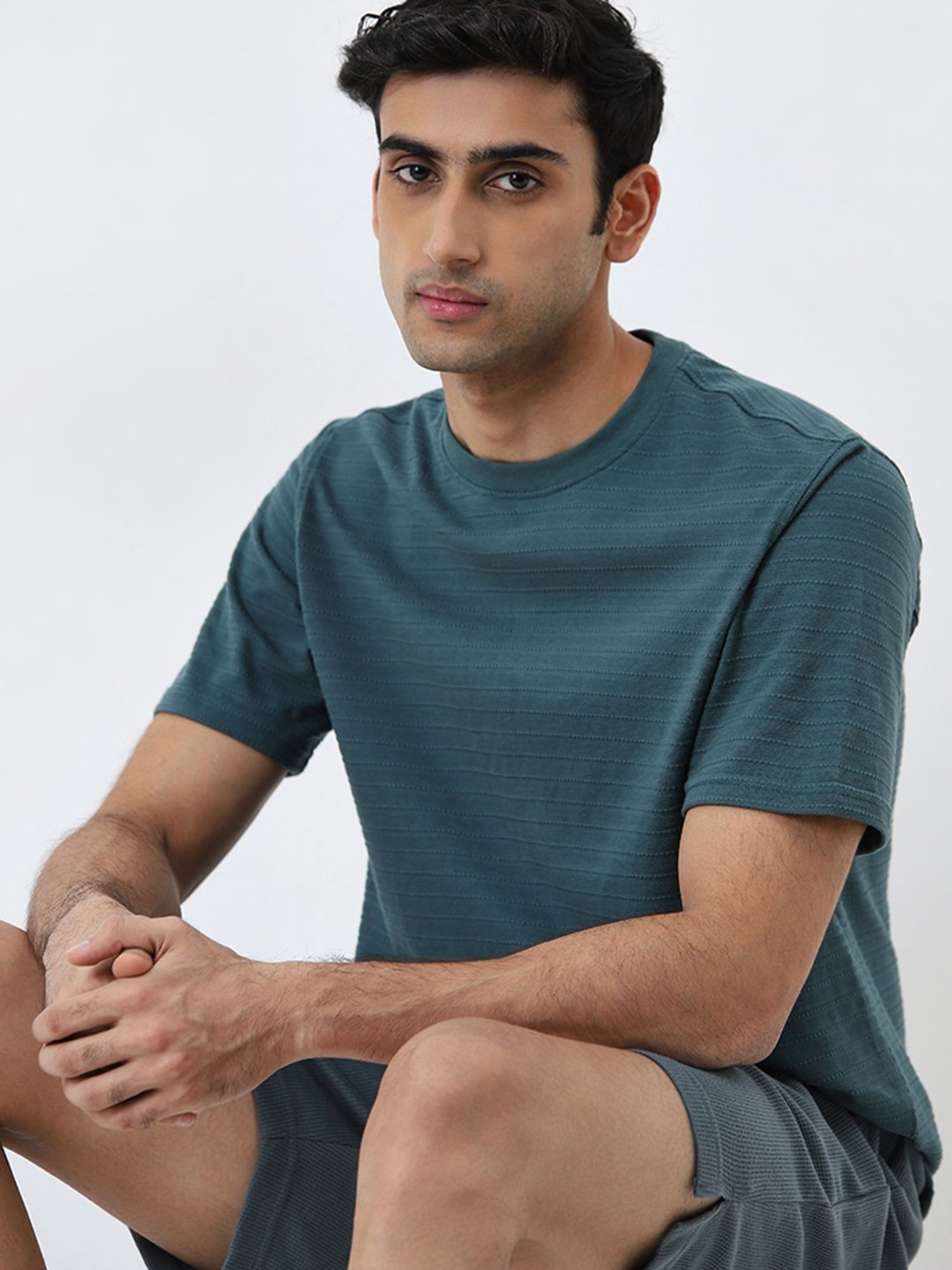 WES Lounge by Westside Dark Sage Self-Stripe Relaxed-Fit Cotton T-Shirt