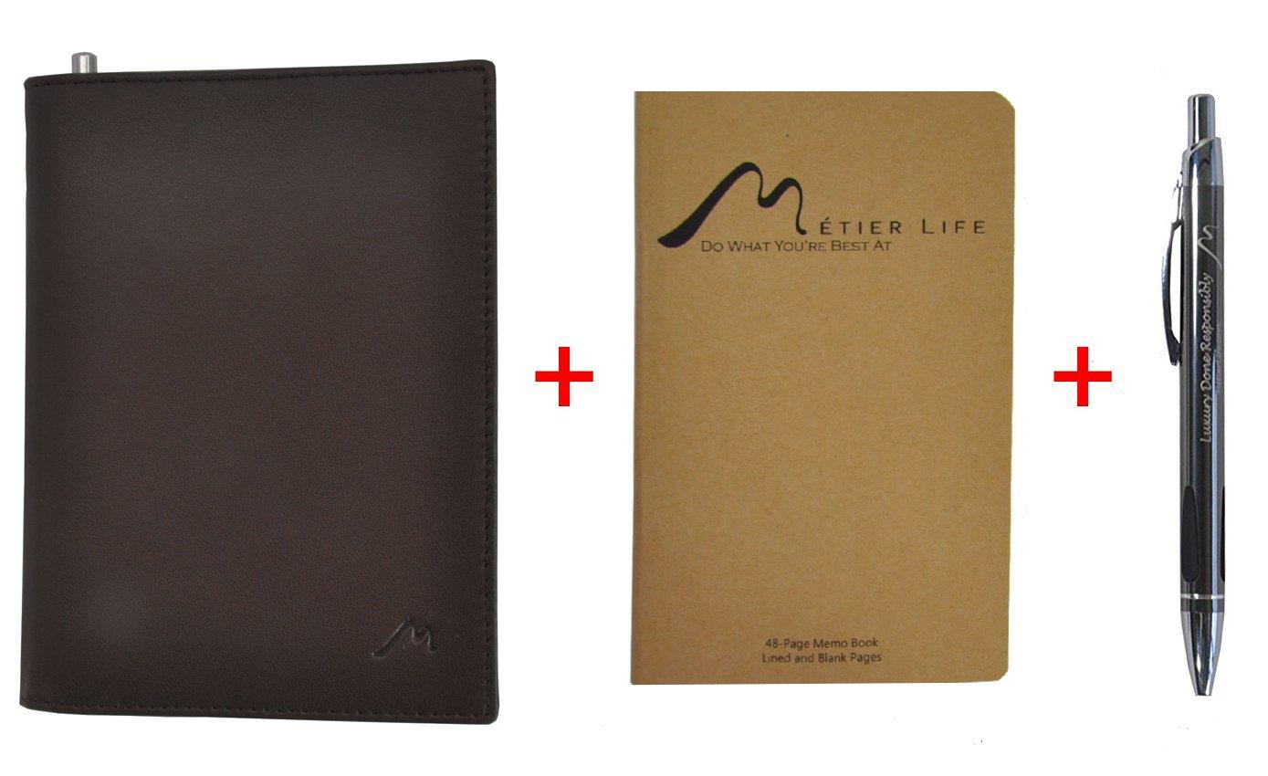 Field Notes/Moleskine Pocket Notebook Cover by Metier Life | Canvas with Vegan Leather | Fits Journals 3.5" X 5.5" | With Included Metier Life Notebook and Metier Pen (Vegan Leather Brown)