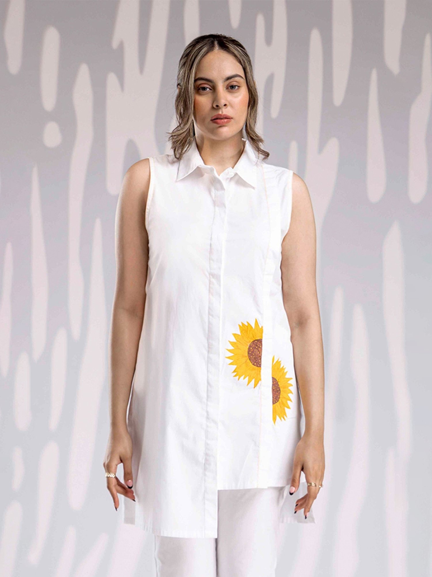 House of Manaa White Handpainted Asymmetric Shirt