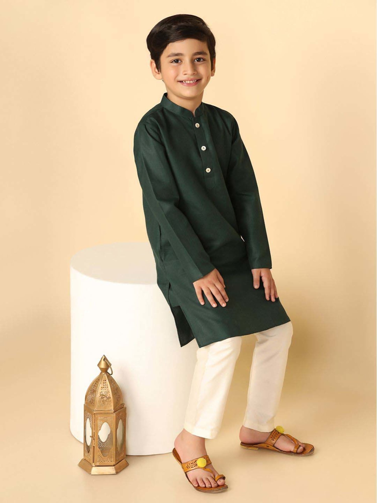 KISAH Kids Green & White Regular Fit Full Sleeves Kurta Set