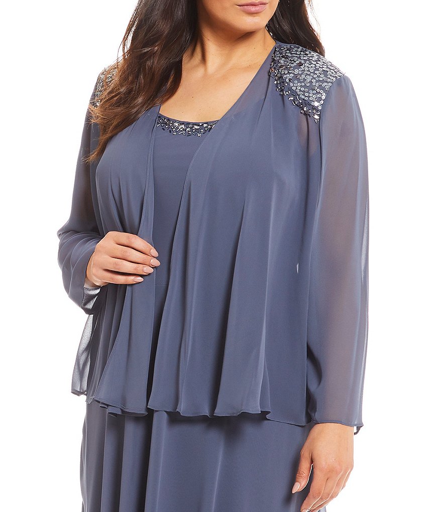 Ignite Evenings Plus Size Scoop Neck Long Sleeve Sequined Shoulder Midi Length Tiered Hem Jacket Dress