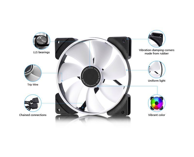 Fractal Design Prisma AL-14 PWM Cooling Fan - 103.8 CFM - 34.1 dB(A) Noise - LLS Bearing - 4-pin - RGB LED - Rubber - 11.4 Year Life