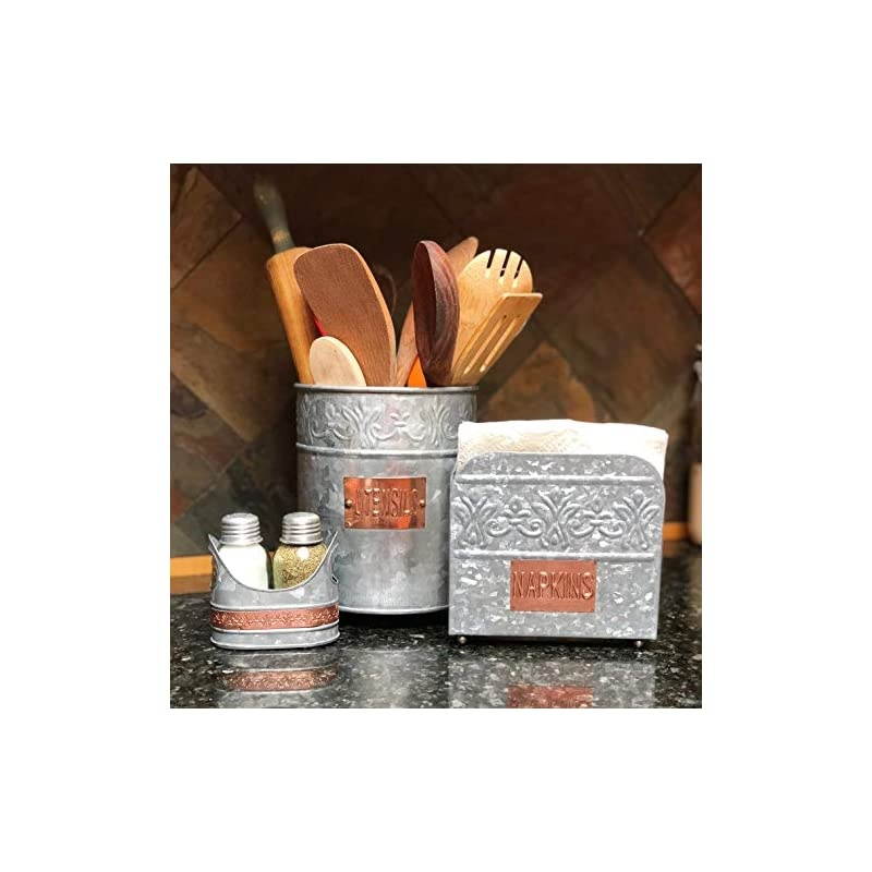 Galvanized Iron Napkin Holder - Rustic Farmhouse Style for Kitchen or Dining &ndash; Upright Napkin Holder &ndash; Pretty Embossing And Copper Label Add Farmhouse Warmth