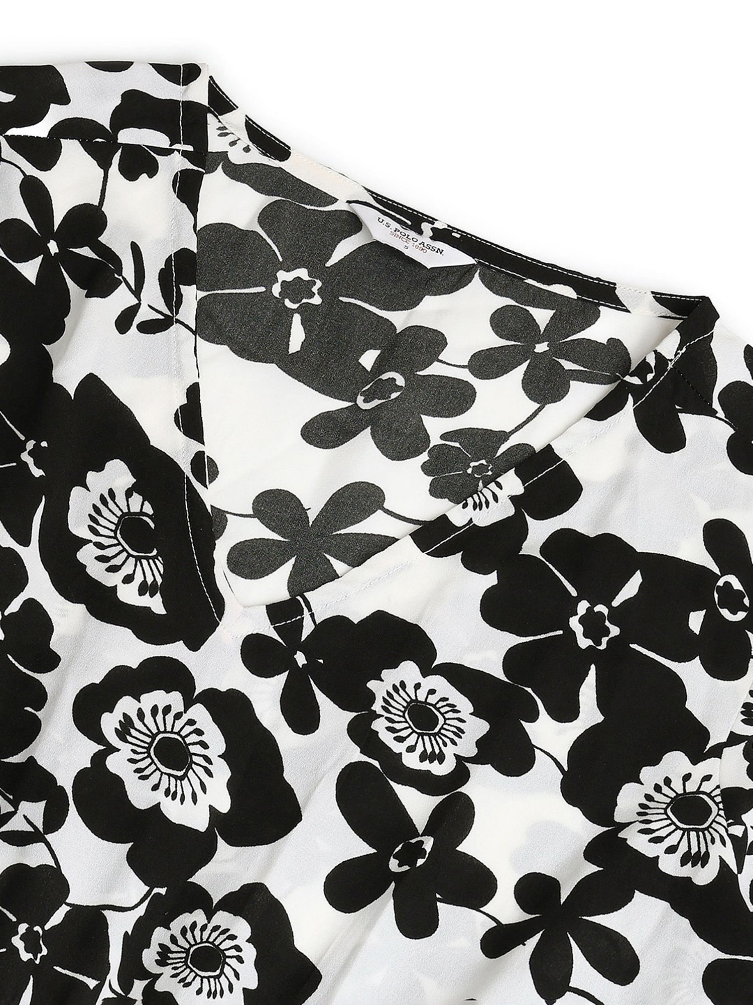 U.S. Polo Assn. Black & White Cotton Floral Print Midi Dress