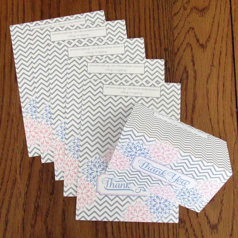 Thank You Cards (Set of 25 with Envelopes) - Chevron and Floral Style - Premium Quality - Classic Design - Prefolded Foldover