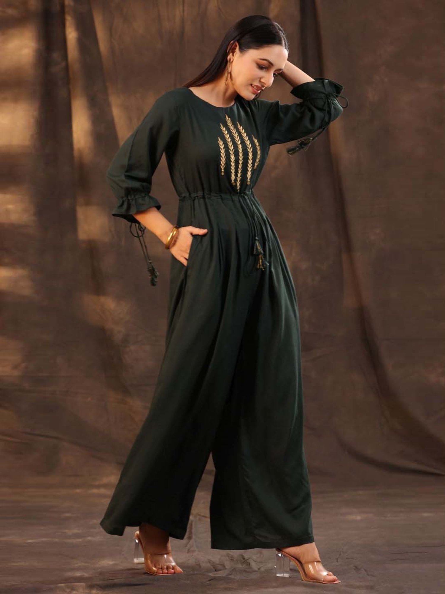 Juniper Jade Green Ethnic Motif Printed Rayon Slub Jumpsuit With Zari Work Embroidery