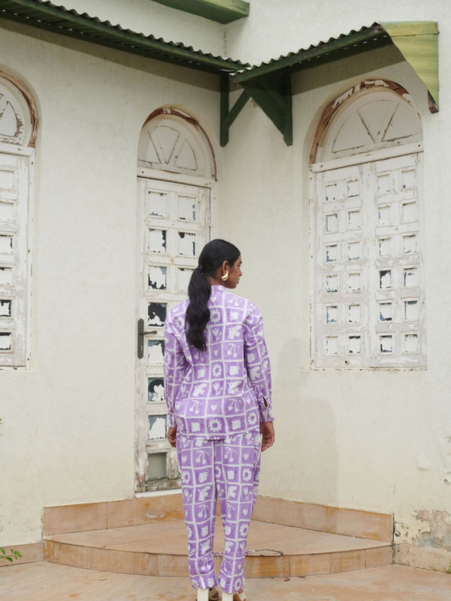 Khajoor Studio Purple & White Sundaze Hakuna Matata High Tea Tie Trousers