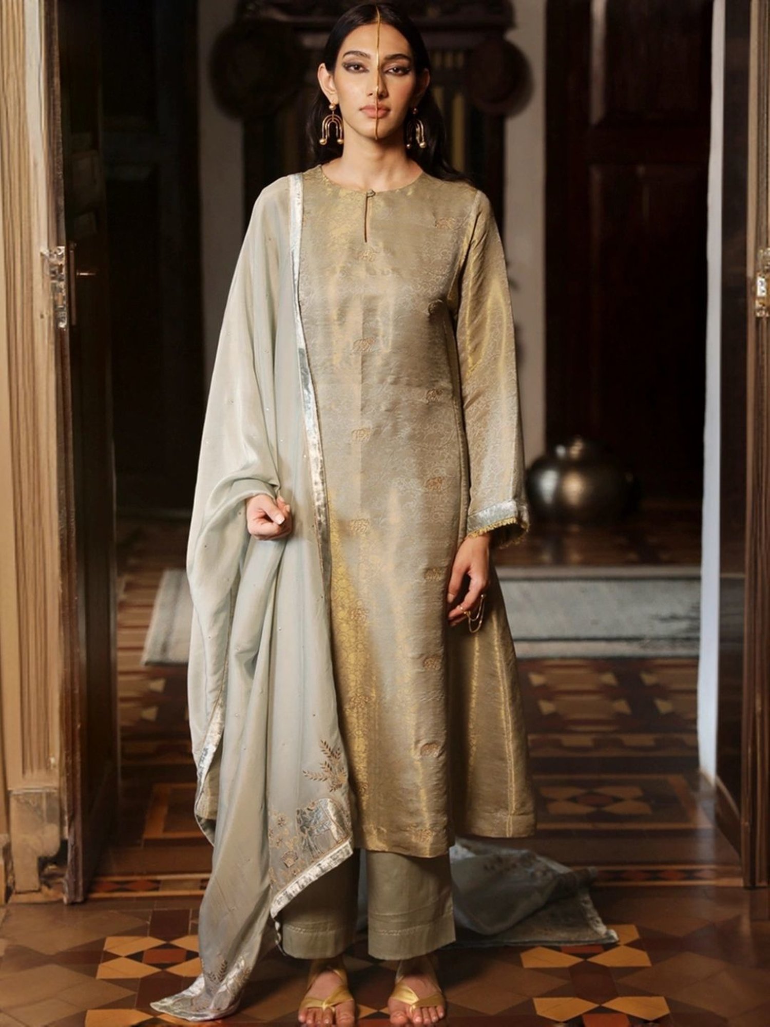 Ganga Fashions Belgian Block Grey and Golden Silk Woven Kurta with Salwar and Dupatta