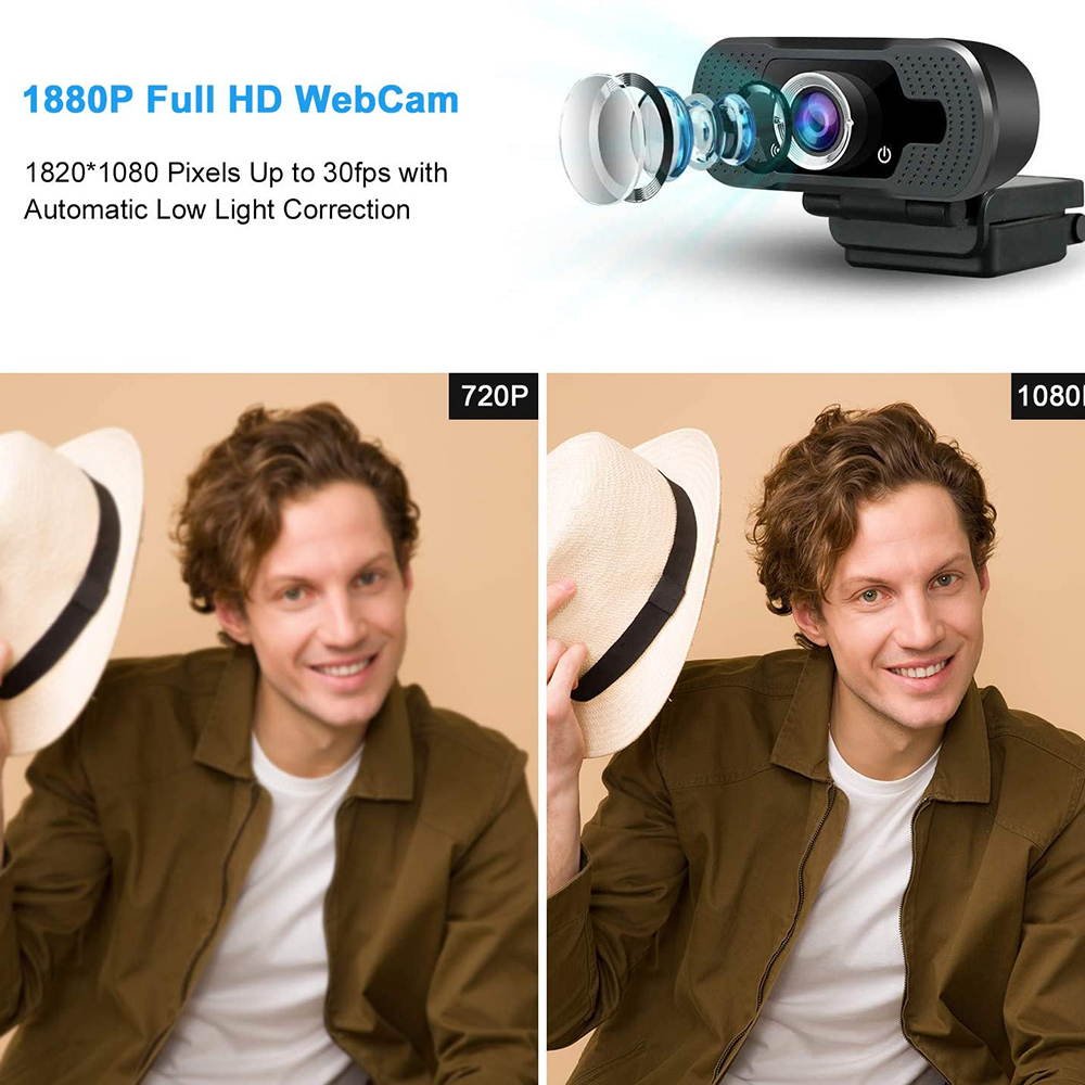 Full HD Webcam, USB 1080P Webcam with Microphone, Pro Streaming Camera for Video Calling, Mini Plug and Play, Webcam Cover, Conferencing,Flexible Rotatable Clip