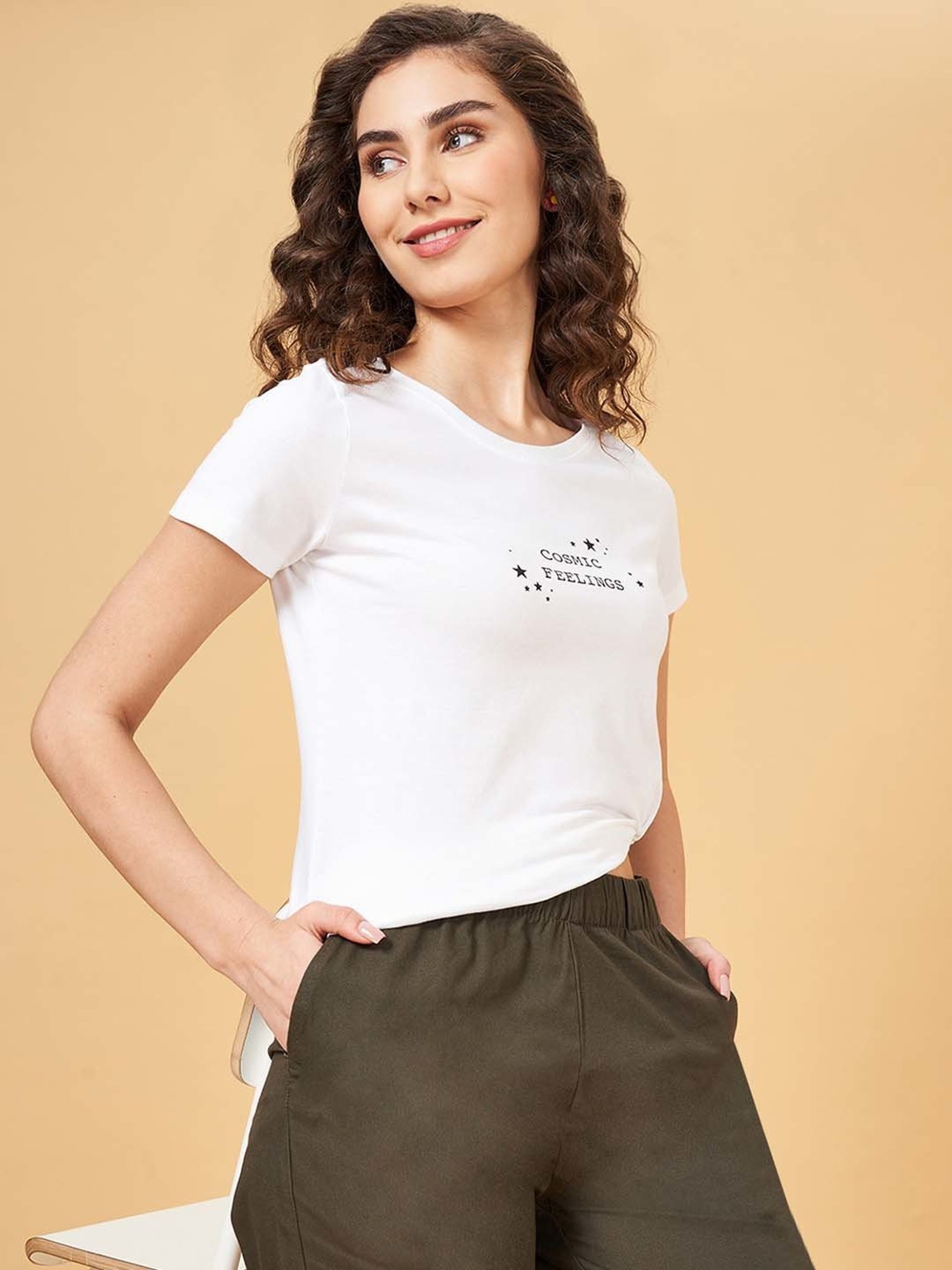 Honey by Pantaloons White Cotton Printed T-Shirt