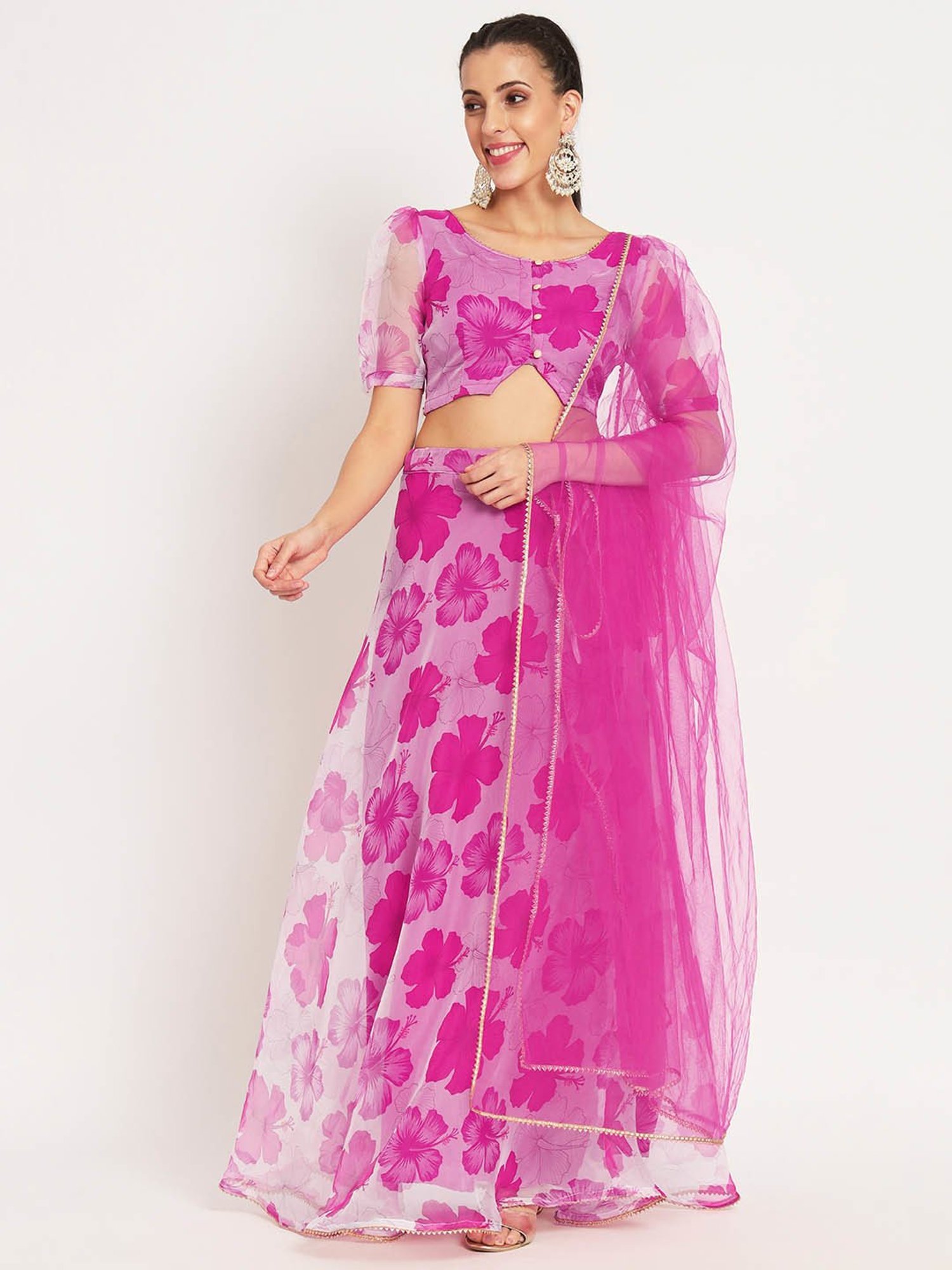 studiorasa White & Pink Organza Floral Print Lehenga Set