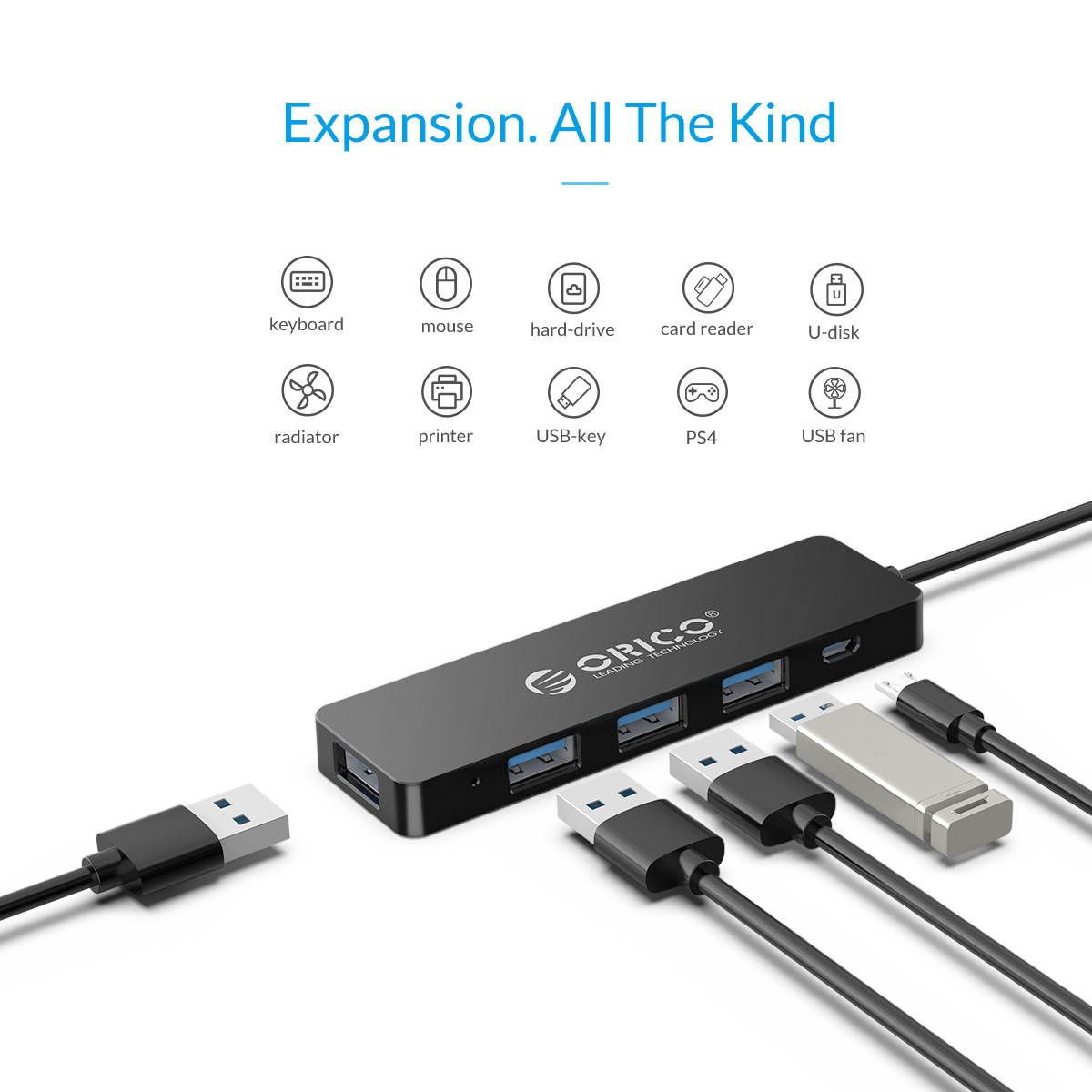 USB HUB, ORICO 4 Port Portable USB2.0 HUB  High Speed USB Splitter Portable OTG Adapter For Computer Laptop Tablet Accessories
