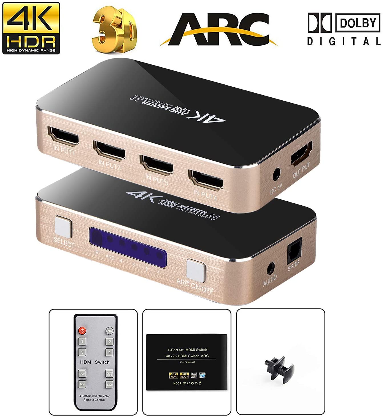HDMI Switch with Audio Extractor, 4K@60Hz 4 Port 4 in 1 Out HDMI Switcher with Optical TOSLINK SPDIF, 3.5mm Audio Jack Support ARC Function, 1080P @120Hz, 4Kx2K@60Hz HDTV (IR Wireless Remote Control)