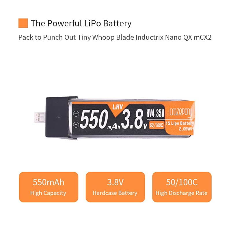 550mAh HV 38V 1S LiPo Battery 50C JSTPH 20 PowerWhoop mCPX Connector Rechargeable 1S LiPo Battery for Inductrix FPV Plus Tiny 7 Tiny Whoop FPV Racing Drones