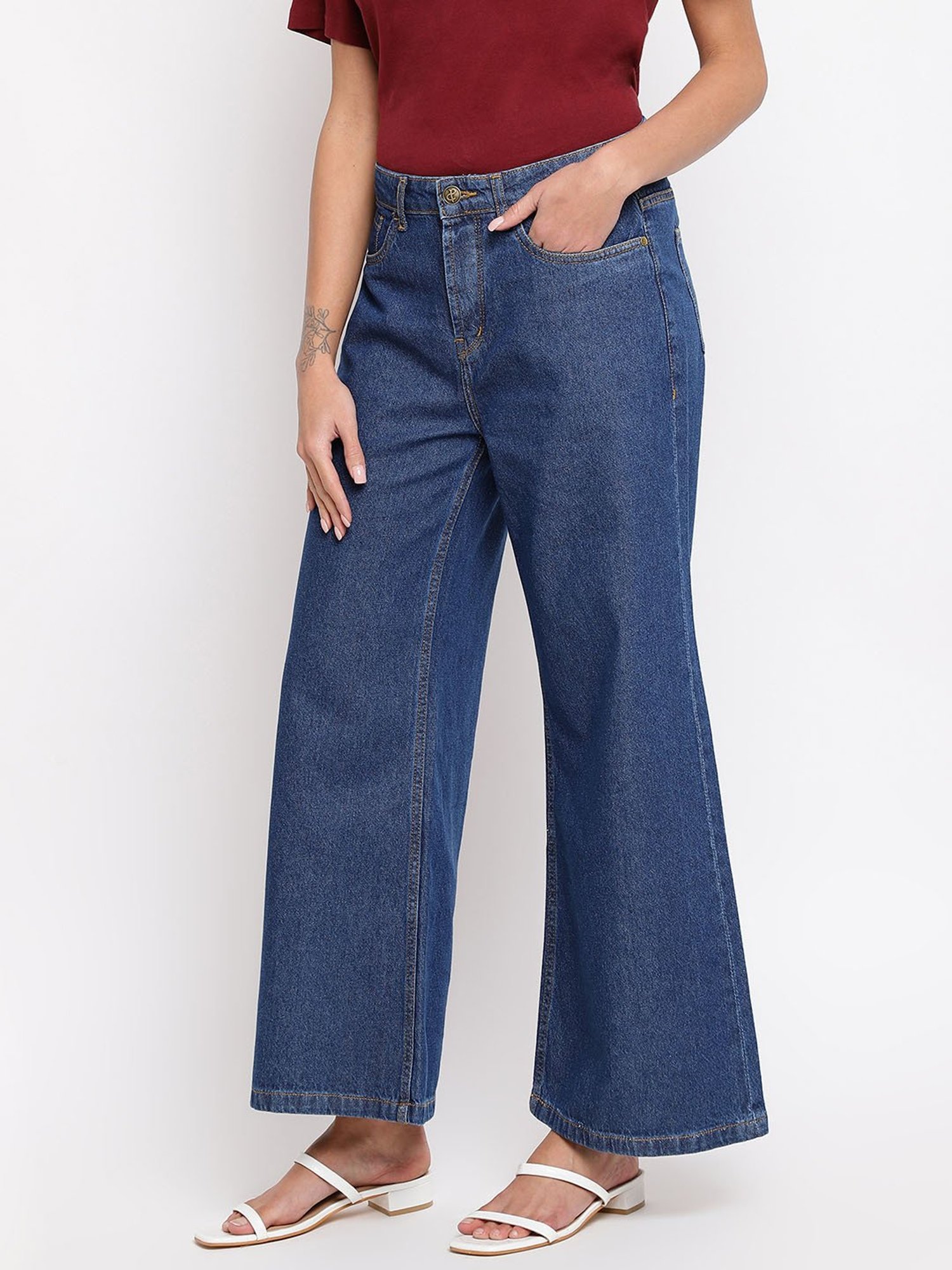Tales & Stories Dark Blue Cotton Mid Rise Wide Leg Jeans