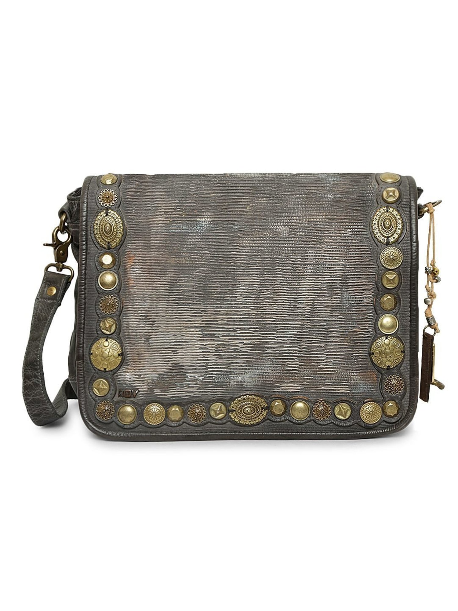 Art N Vintage Silvia Grey Leather Embellished Medium Sling Handbag