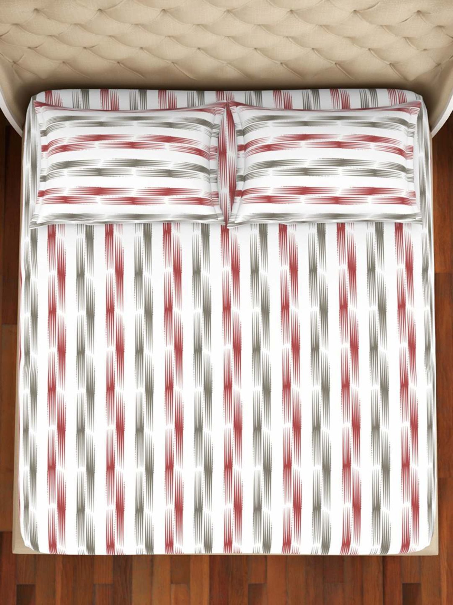 Welspun Geometric Red & Grey 150 TC Cotton Blend King Bedsheet with 2 Pillow Covers