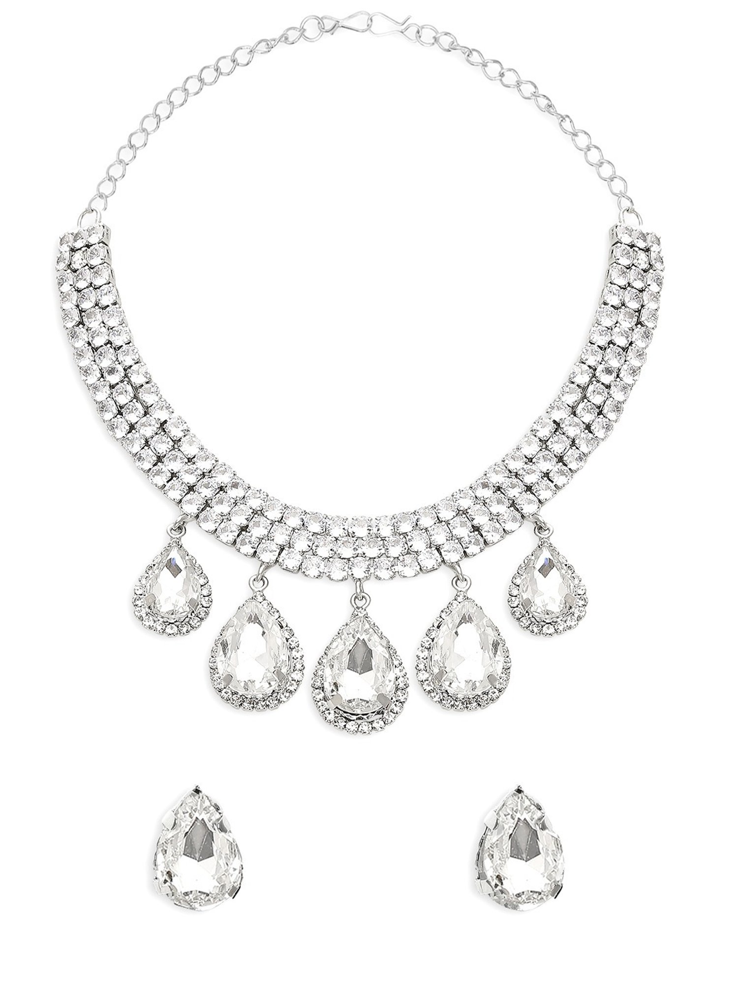 OOMPH Silver Cubic Zirconia Teardrop Statement Pendant Choker Set
