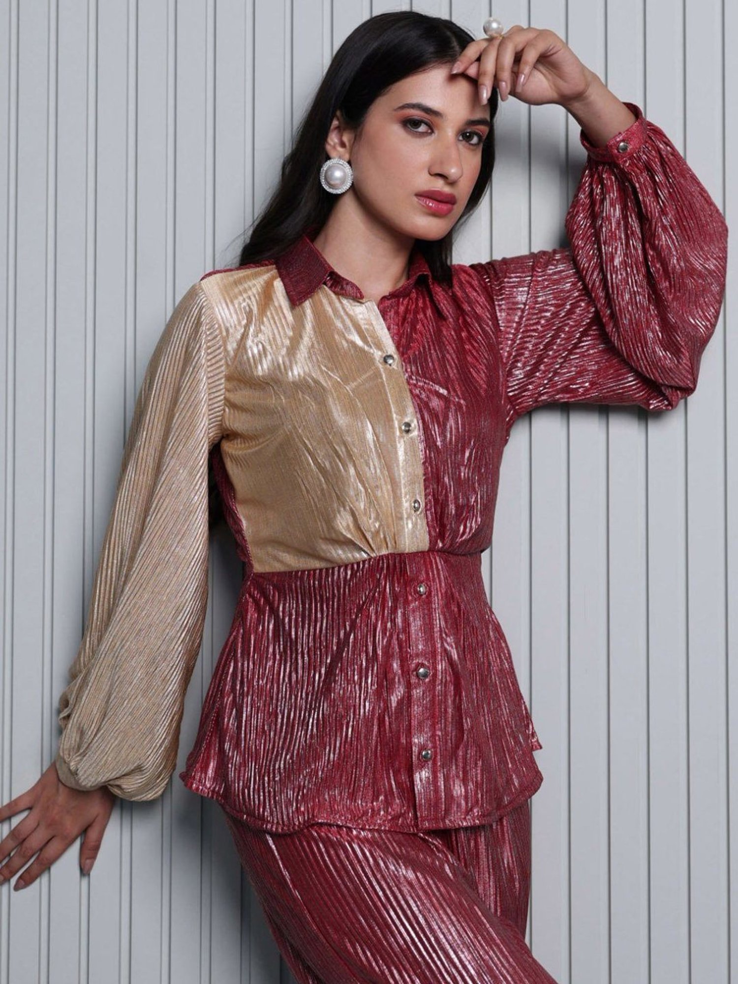 BInfinite Metallic Gold Garnet Pleated Shirt
