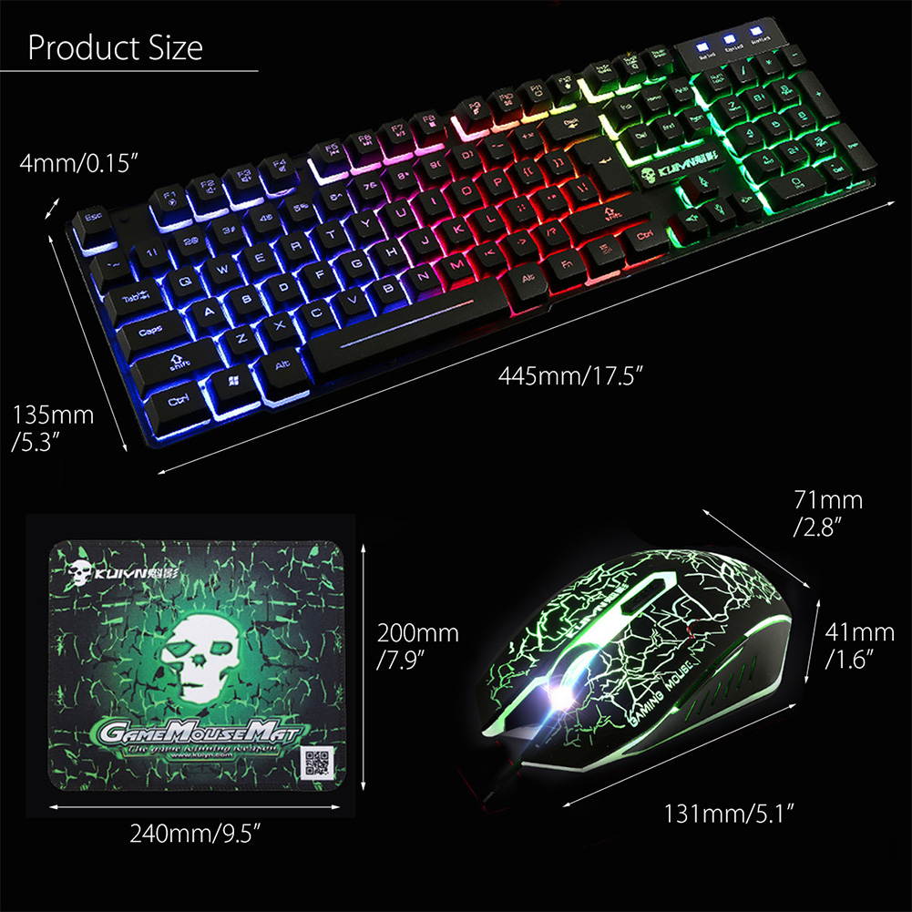 FADDARE Gaming Keyboard and Mouse USB Combo Large Mouse Pad Set Ergonomic High Mechanical Feel Borderless Rainbow Backlight 2400DPI Adjustment Wired for Windows PC (Keyboard Mouse Mousepad Set)