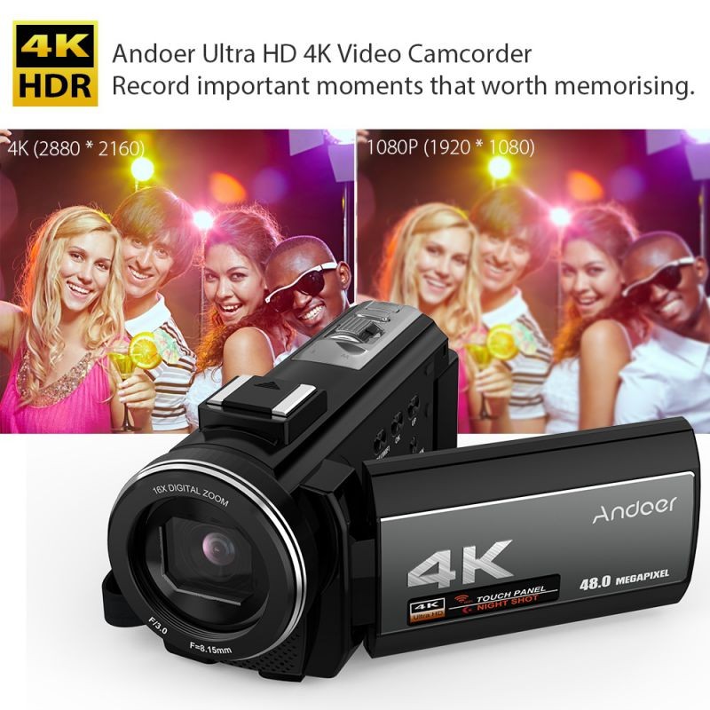 Andoer 4K 48MP WiFi Digital Video Camera+External Microphone+0.39x Wide Angle Lens+Mini LED Video Light+2pcs Battery+Camera Bag