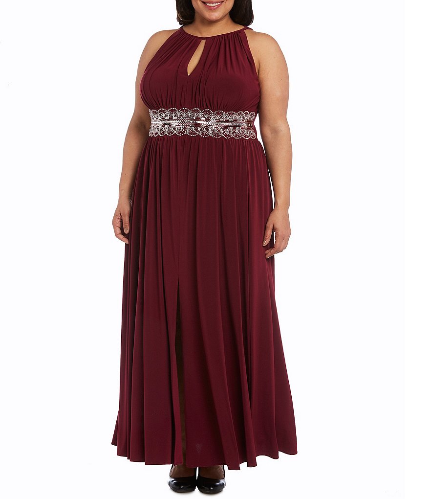 R & M Richards Plus Size Halter Keyhole Neck Sleeveless Beaded Bodice A-Line Gown