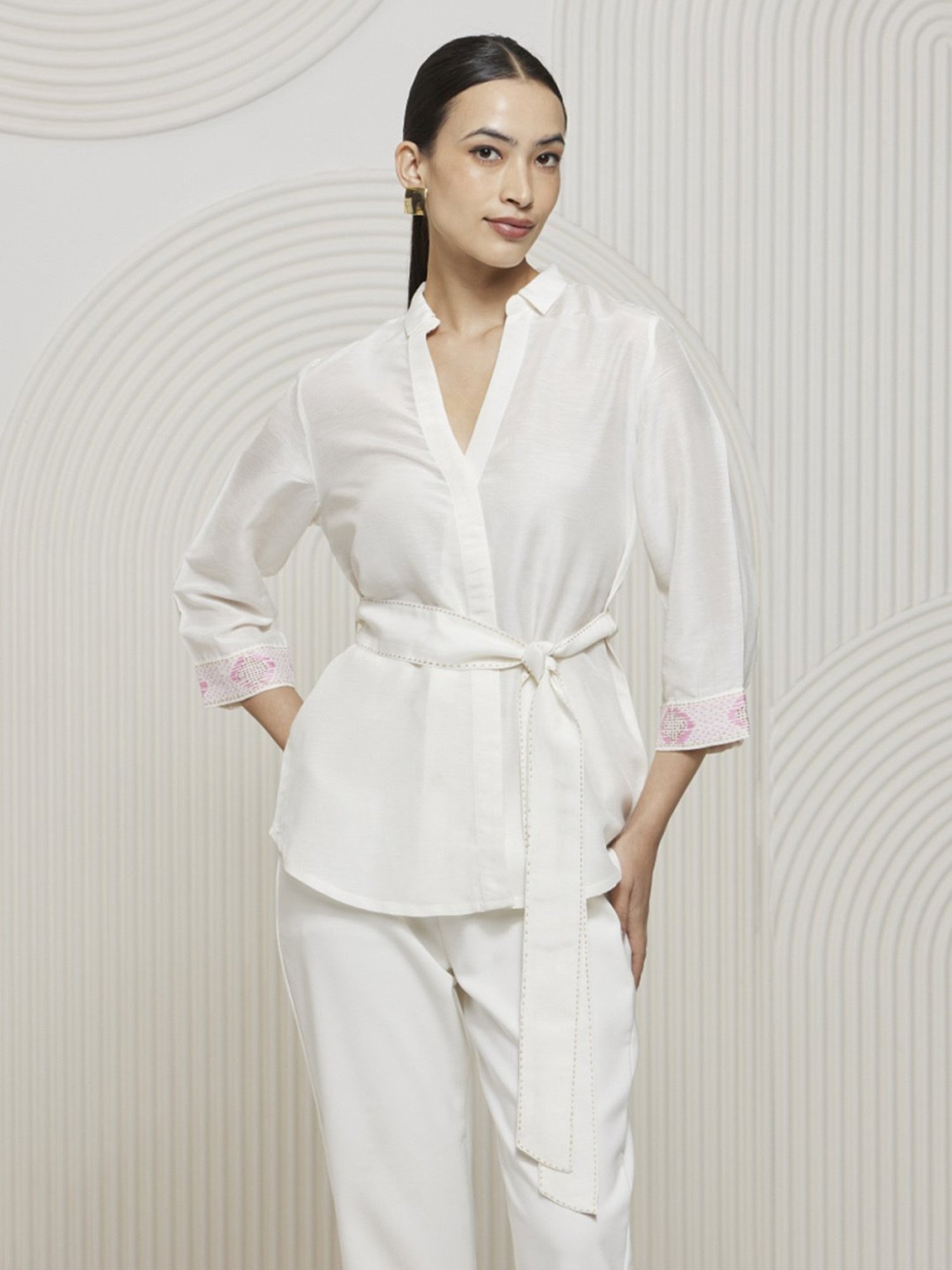 Artagai Off White Kantha Wrap Shirt with Tie Up and Kantha Detail At Cuff and Belt