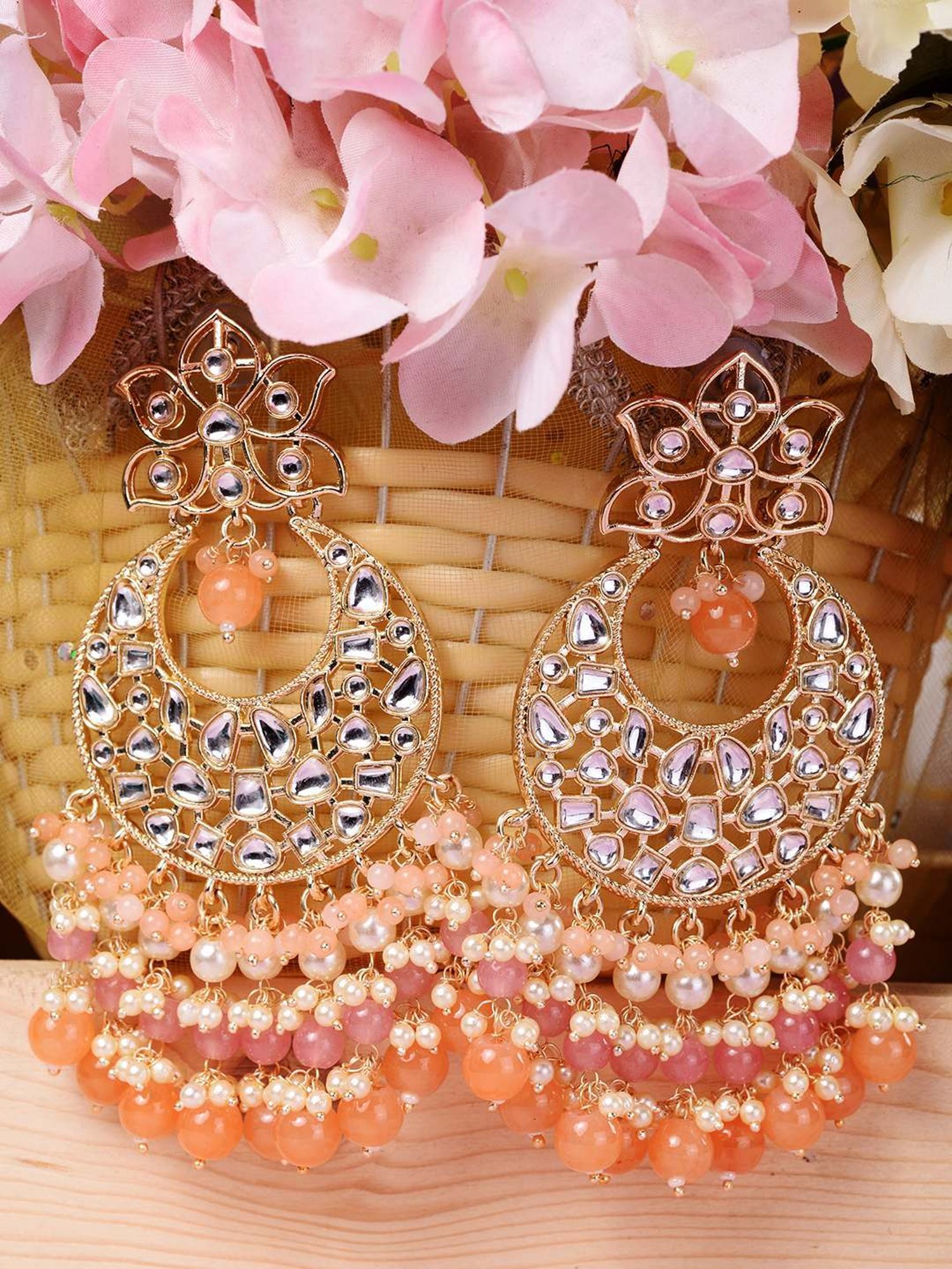 Saraf RS Jewellery Gold Orange Kundan Chandballi Earrings