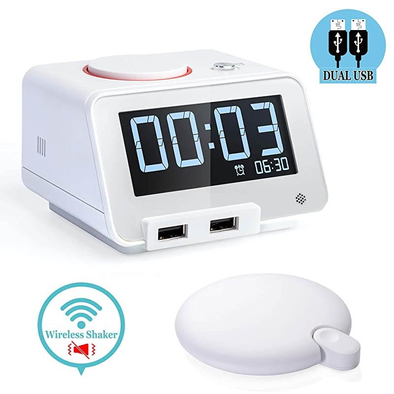 Alarm Clocks with Wireless Shaker: 3 Level Intense Vibrating Shaker for Heavy Sleepers/Deaf/Hearing Disorder - Digital Alarm Clocks with Speaker & Dual Charging Ports for iPhone (White)
