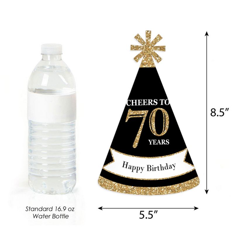 Big Dot of Happiness Adult 70th Birthday - Gold - Cone Birthday Party Hats for Kids and Adults - Set of 8 (Standard Size)