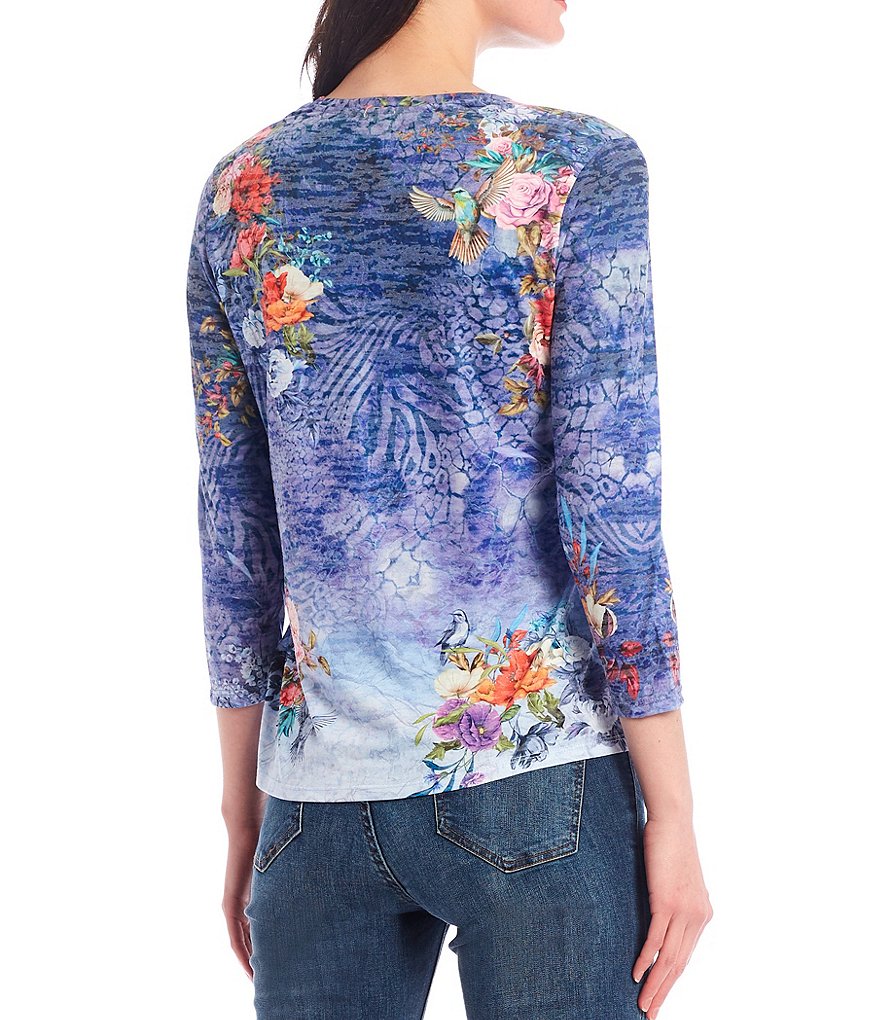 Reba Crystal Embellished Floral And Bird Print 3/4 Sleeve Burnout Jersey Knit Tee