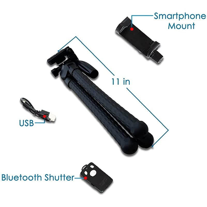 11" Mini Tripod Flexible Legs Camera Phone Stand Holder, Bluetooth Remote, Portable, Selfies, Video, Pan Tilt Head, Waterproof, Anti Crack, Compatible with iPhone & Android, DSLR