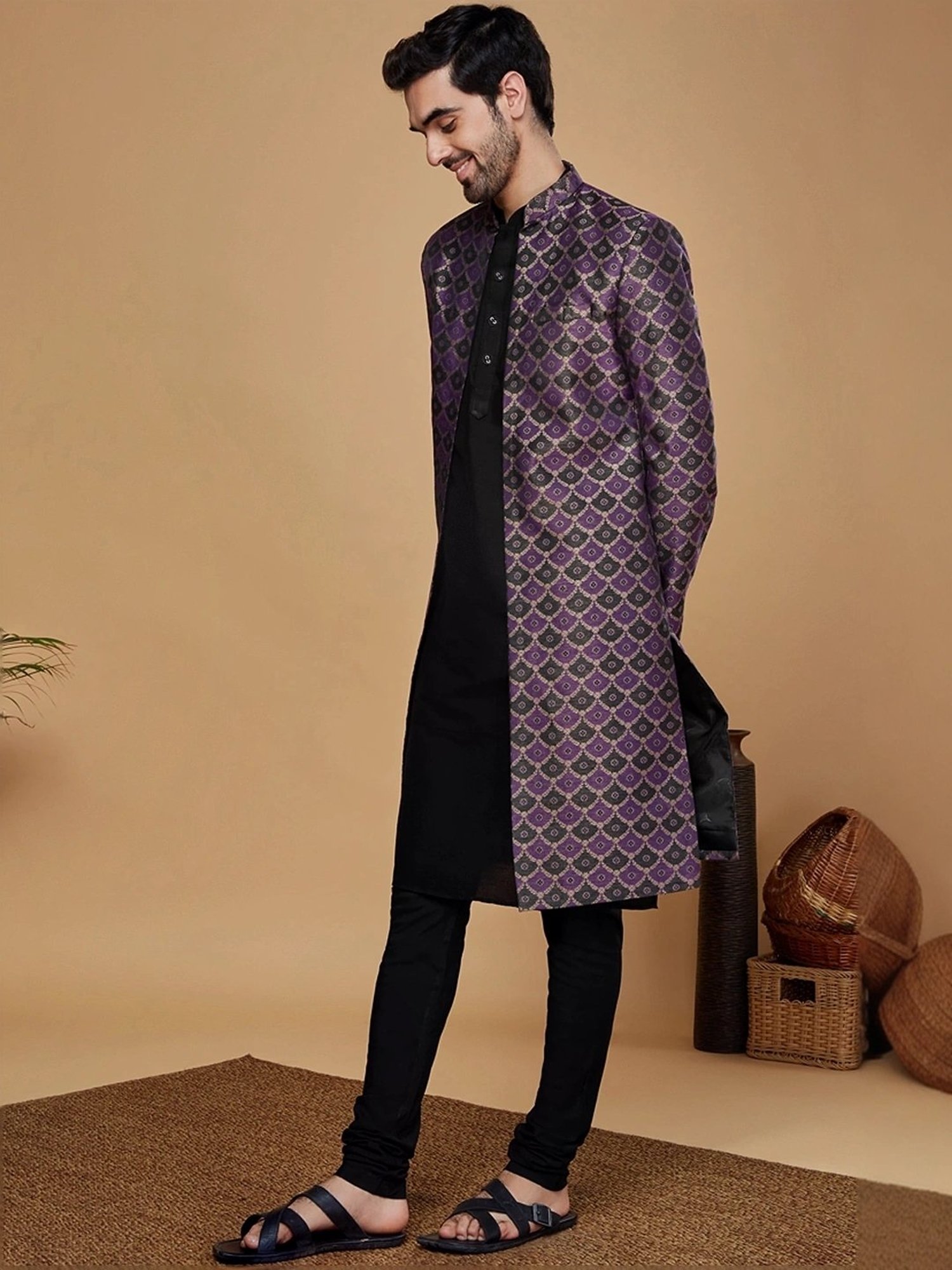 Hangup Plus Beige & Black Regular Fit Printed Sherwani Set