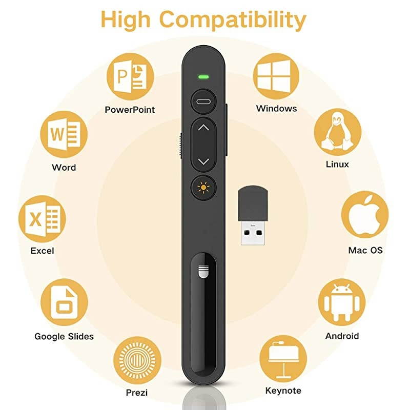 Wireless Presenter Remote Laser Pointer 24GHz USB Control Presentation PPT PowerPoint Clicker for Mac Keynote Laptop Google Slides Support Hyperlink and Volume Control