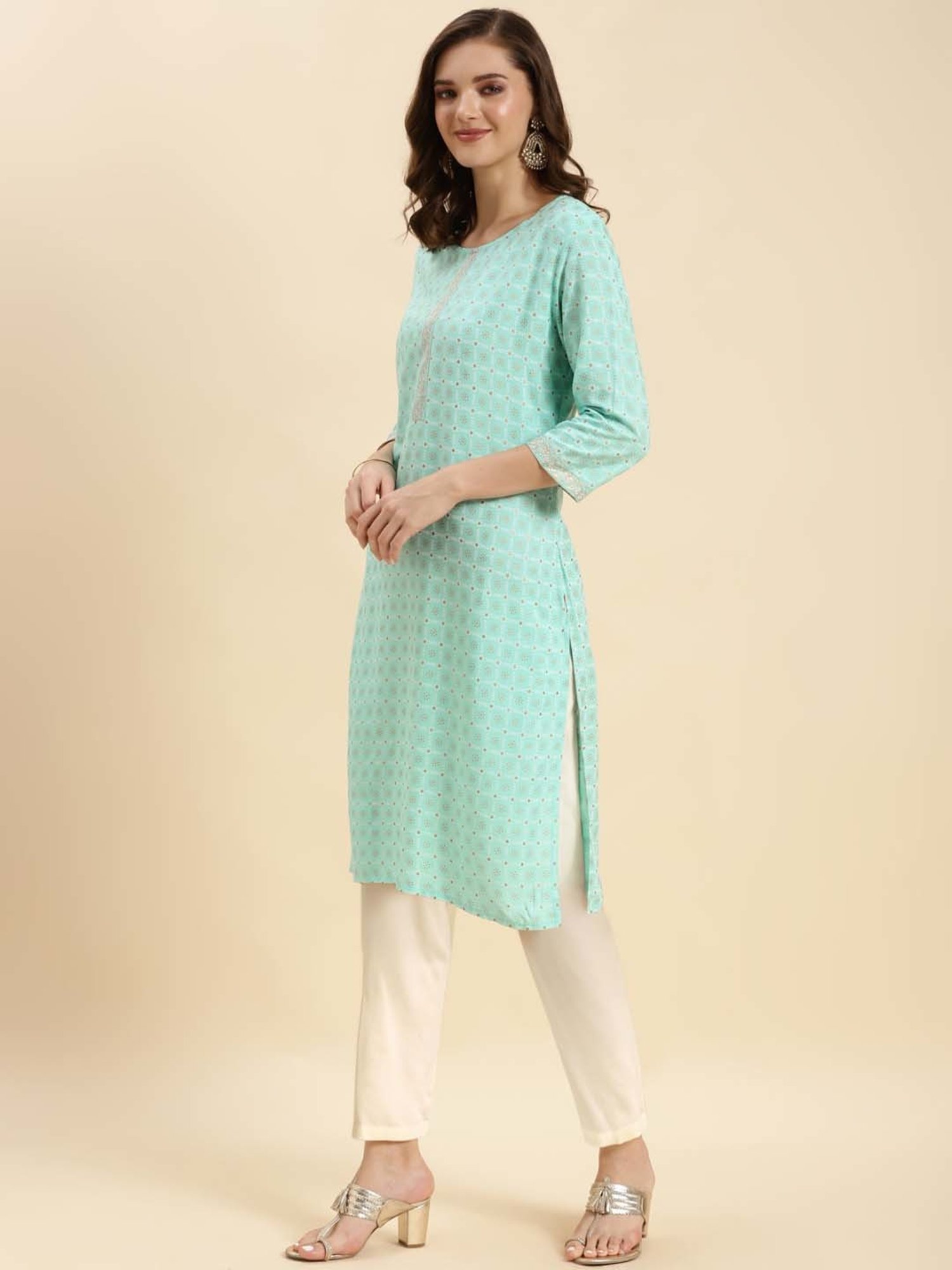 Rangita Sea Green & Off-White Printed Kurta Pant Set