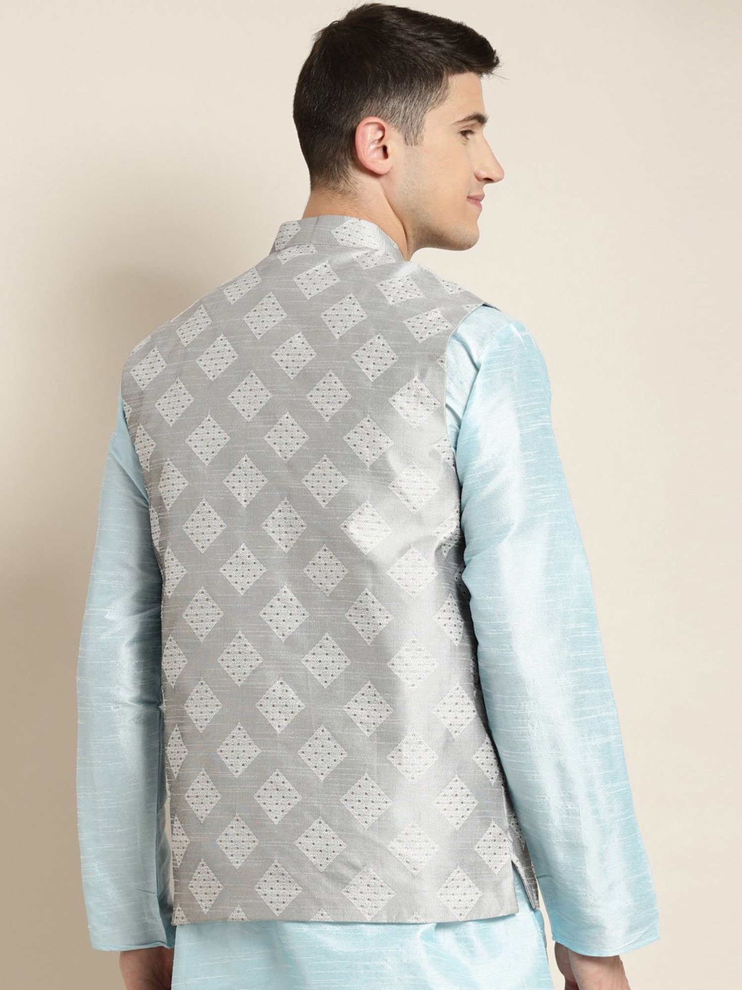 Sojanya Grey Regular Fit Self Pattern Nehru Jacket
