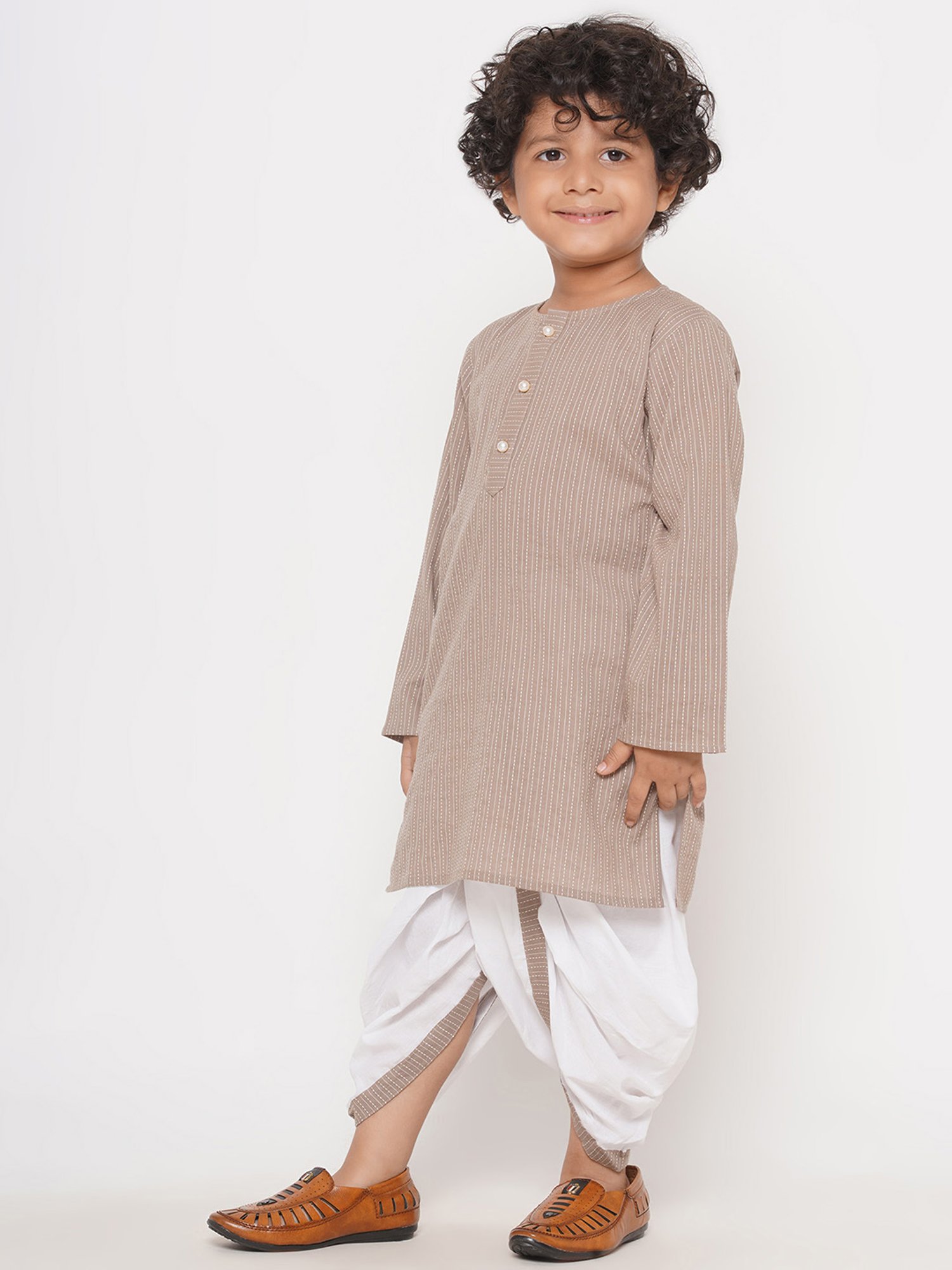 Little Bansi Kids Light Brown & White Striped Full Sleeves Kurta with Dhoti