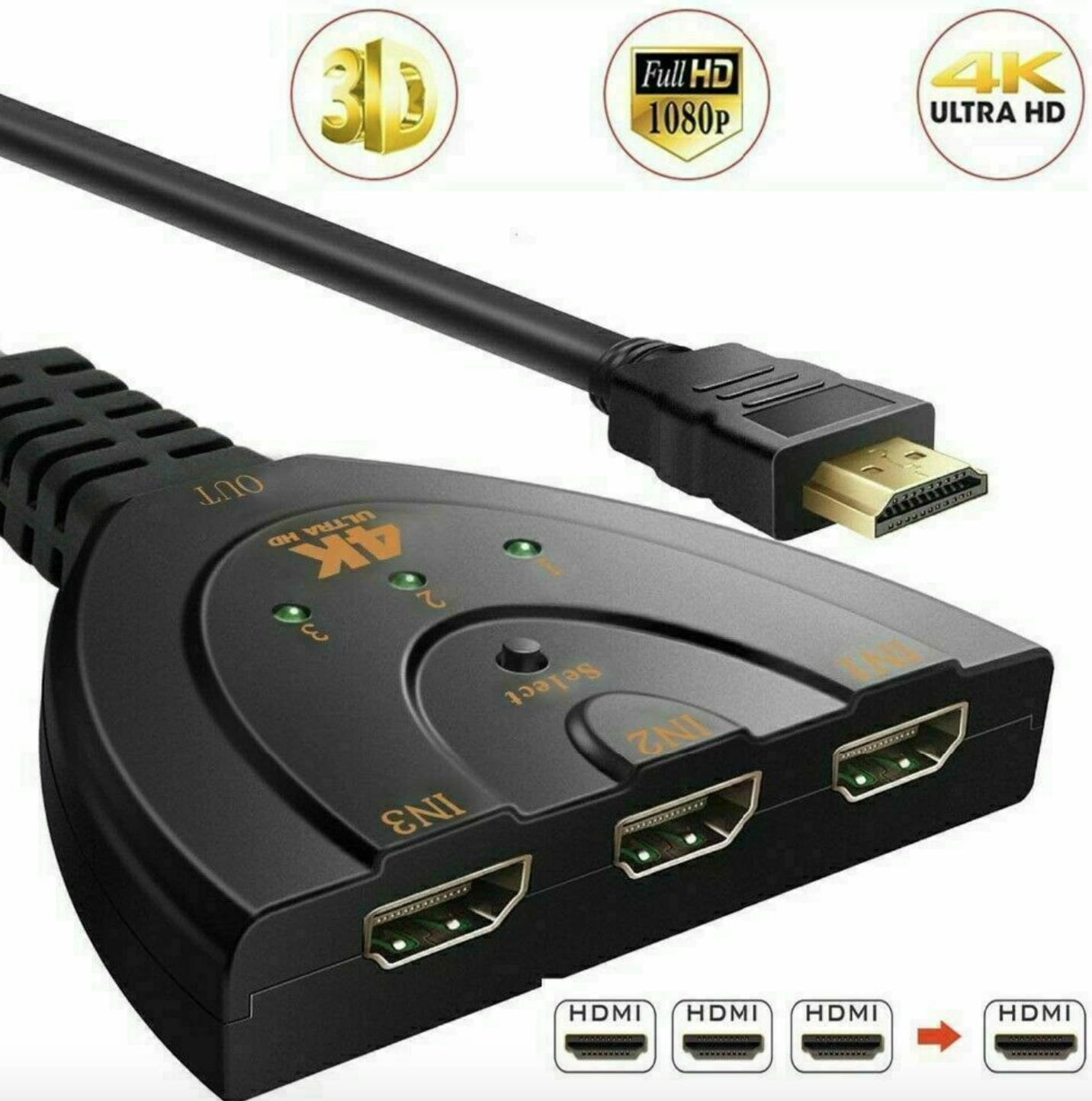 3 HDMI Port Switch Switcher Splitter HUB Box Cable For HDTV 1080P Xbox PS4