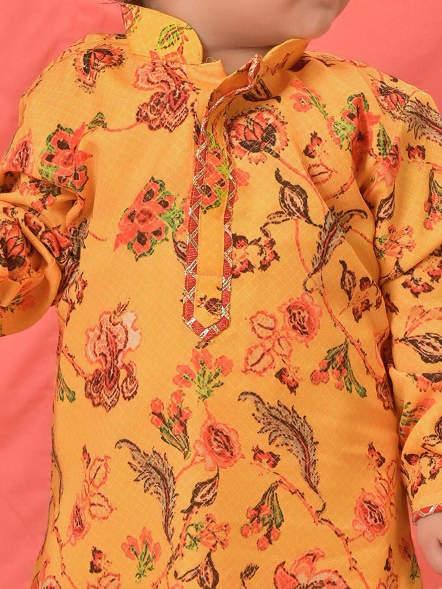 VASTRAMAY Boys Mustard & Cream Floral Full Sleeves Kurta Sets