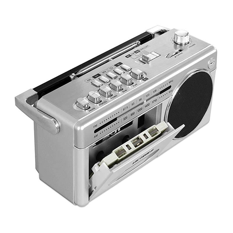 VBB-25-SLV Mini Bluetooth Boombox with Cassette Player, Recorder and Am/FM Radio, Silver